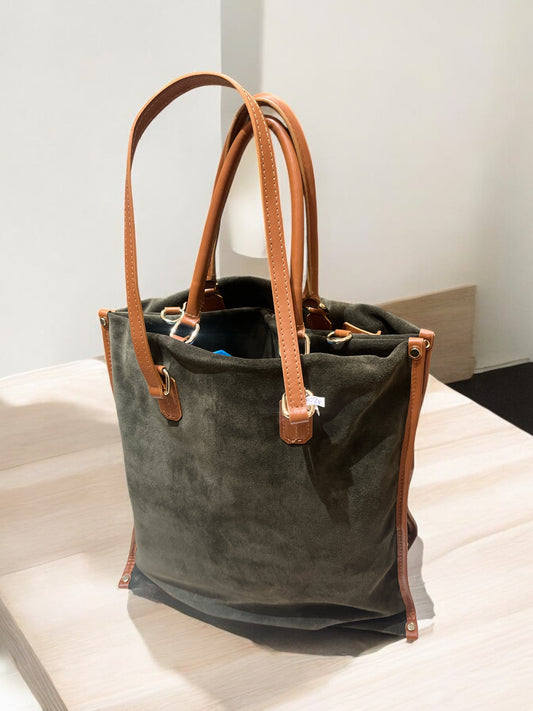 Borsa in Pelle Scamosciata Verde con Manici Marroni - Stile Elegante e Raffinato